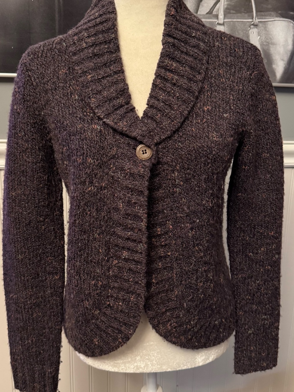 Purple Knit Cardigan Speckled Cozy One Button